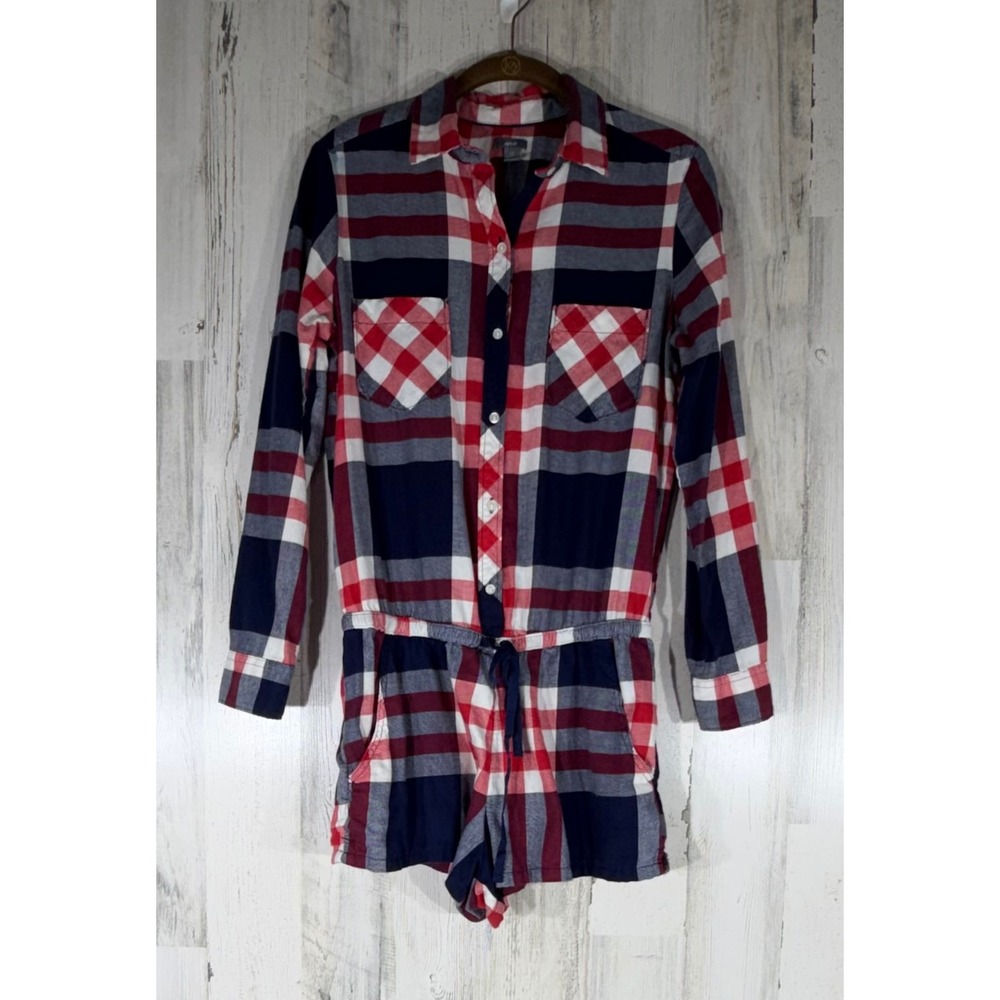 Aerie Plaid Flannel Romper Small Red White Blue Elastic Waist Button Front Comfy